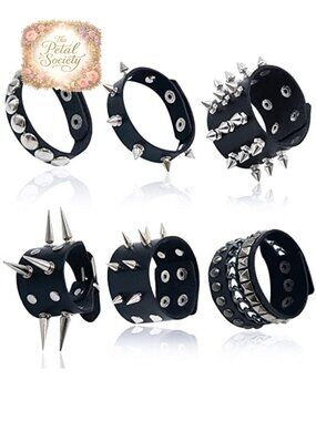 6 PCS Punk Studded Bracelet Set - Black Leather Cuff Rivet Spike Bracelets